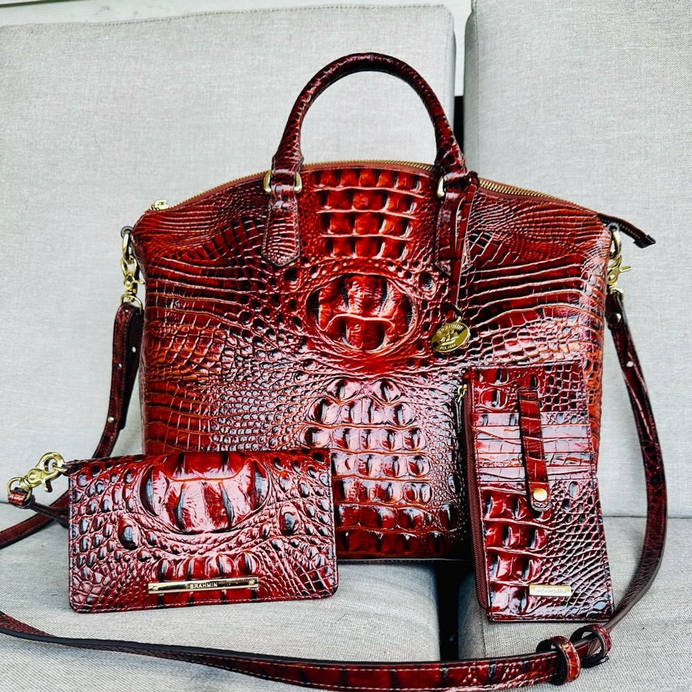Brahmin Pecan Brown with Reddish Tint Crocodile-Embossed Satchel Set